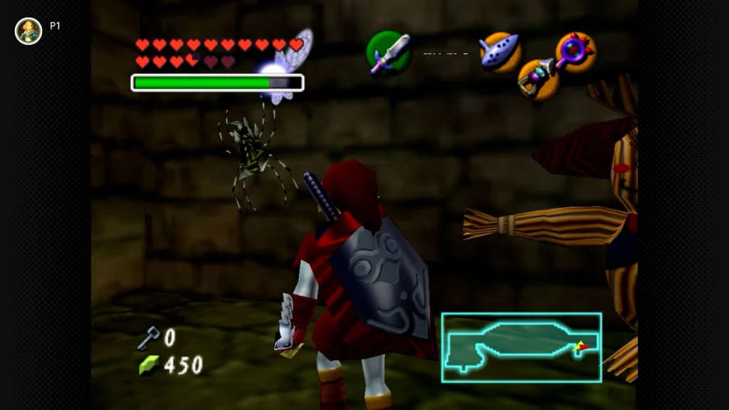 Gold Skulltulas 50 Adult Link using the Longshot to grapple across a large chasm to Pierre the Scarecrow near the Ghost Ship dock.