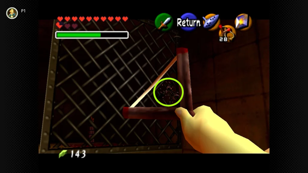 Gold Skulltulas 52 Young Link throwing the Boomerang across a deep pit to collect a Gold Skulltula clinging to an iron fence.
