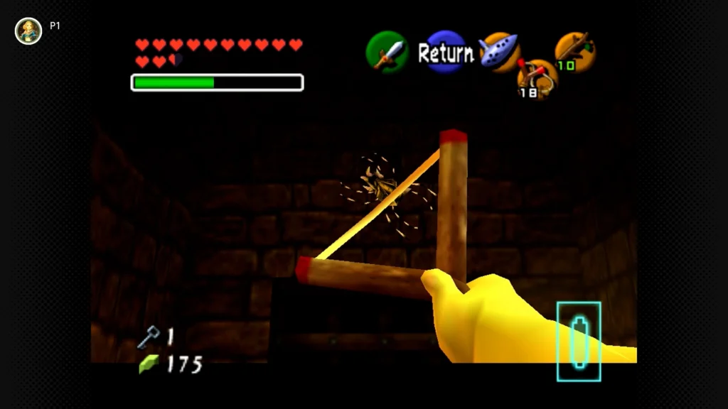Gold Skulltulas 54 Young Link aiming the Boomerang at a Gold Skulltula positioned directly above a doorway in a sun-block puzzle room.