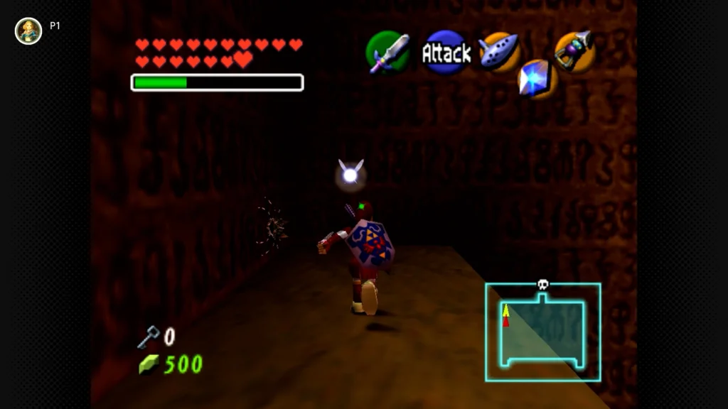 Gold Skulltulas 56 Adult Link using the Longshot to reach a platform near the giant Desert Colossus statue's shoulder inside the Spirit Temple.