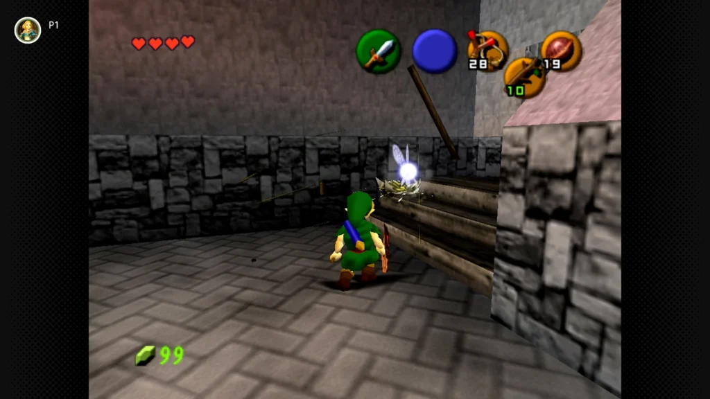 Gold Skulltulas 62 Young Link performing a roll attack into wooden crates inside the Hyrule Market Guard House to reveal a hidden Gold Skulltula.