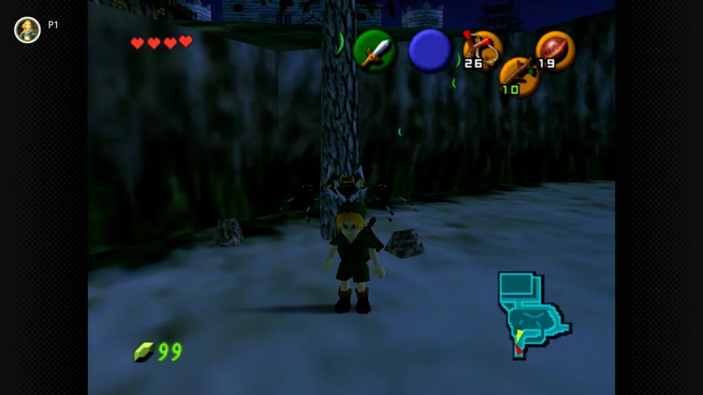 Gold Skulltulas 63 Young Link crashing into the first tree on the Hyrule Castle grounds path to knock down a hidden Gold Skulltula.