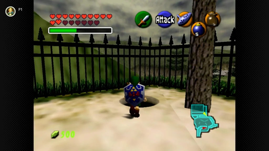 Gold Skulltulas 64 Young Link setting off a bomb next to a cracked wall inside a secret underground grotto near the Hyrule Castle moat.