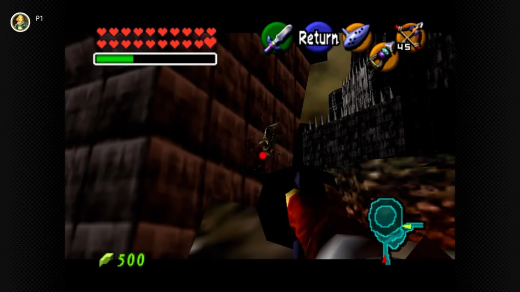 Gold Skulltulas 65 Adult Link aiming his Hookshot at a Gold Skulltula on the stone archway near the ruined Market drawbridge.