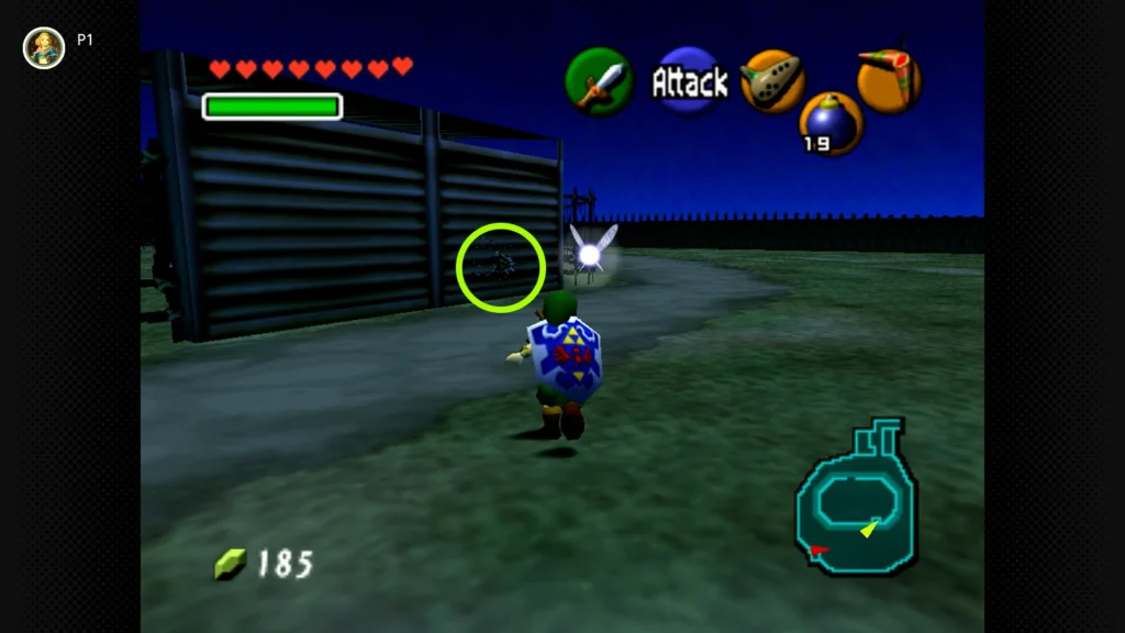 Gold Skulltulas 68 A Gold Skulltula crawling on the back wooden wall of the storage shed near the Lon Lon Ranch horse corral.