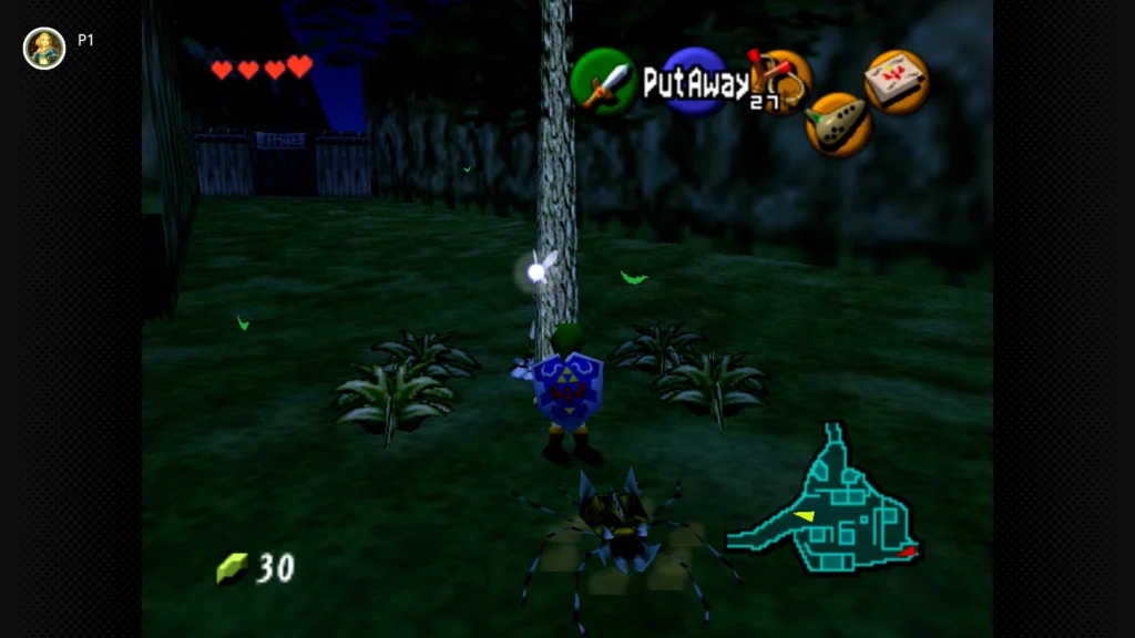 Gold Skulltulas 70 Young Link striking the large tree at the Kakariko Village entrance at night to trigger a Gold Skulltula drop.