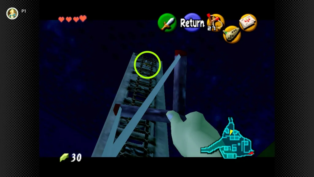Gold Skulltulas 73 Young Link firing his slingshot at a Gold Skulltula climbing the tall wooden lookout tower ladder in Kakariko Village.