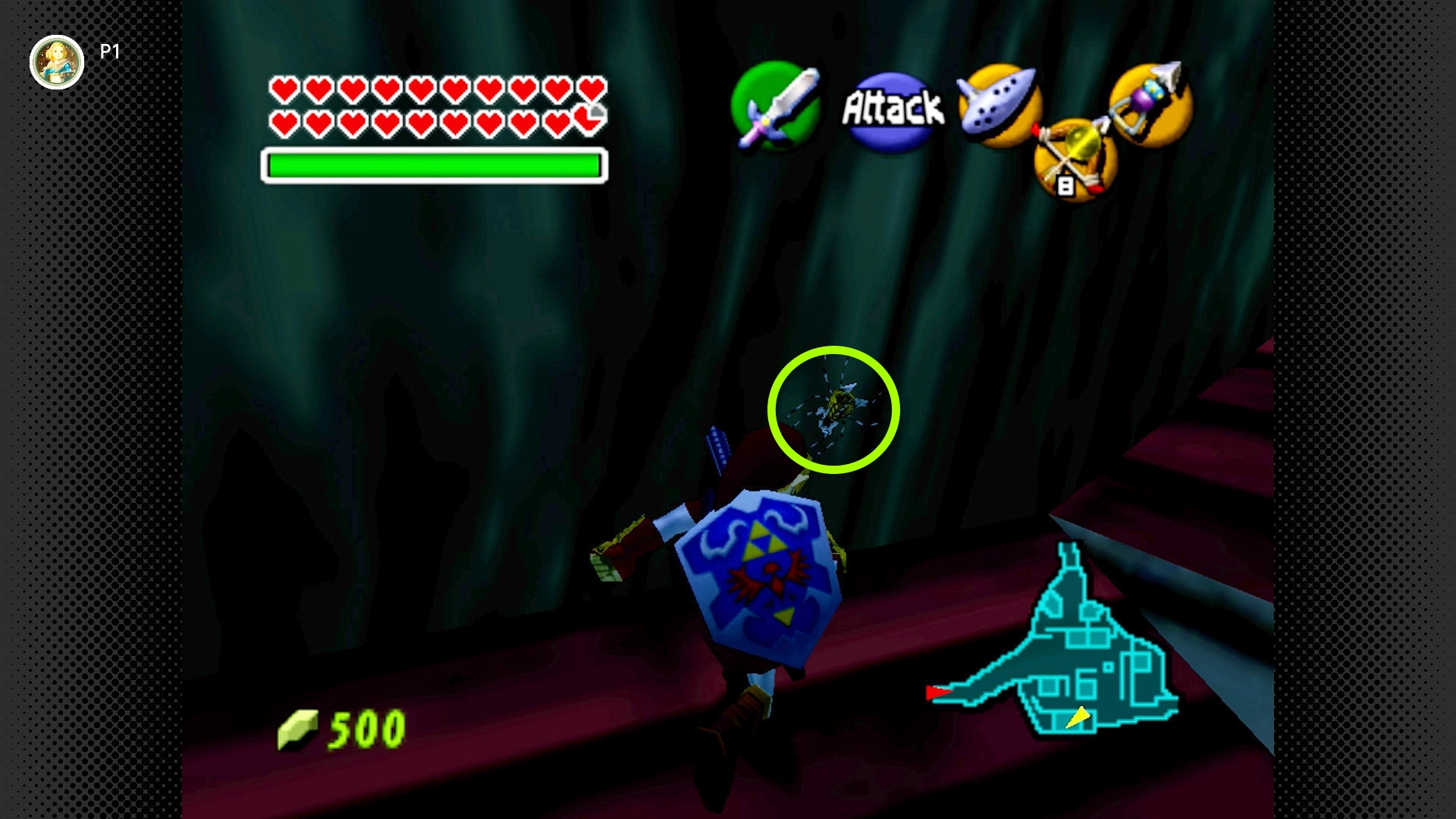 Gold Skulltulas 75 Adult Link standing on the roof of Impa's House using the Longshot to grab a Gold Skulltula from the high wall.