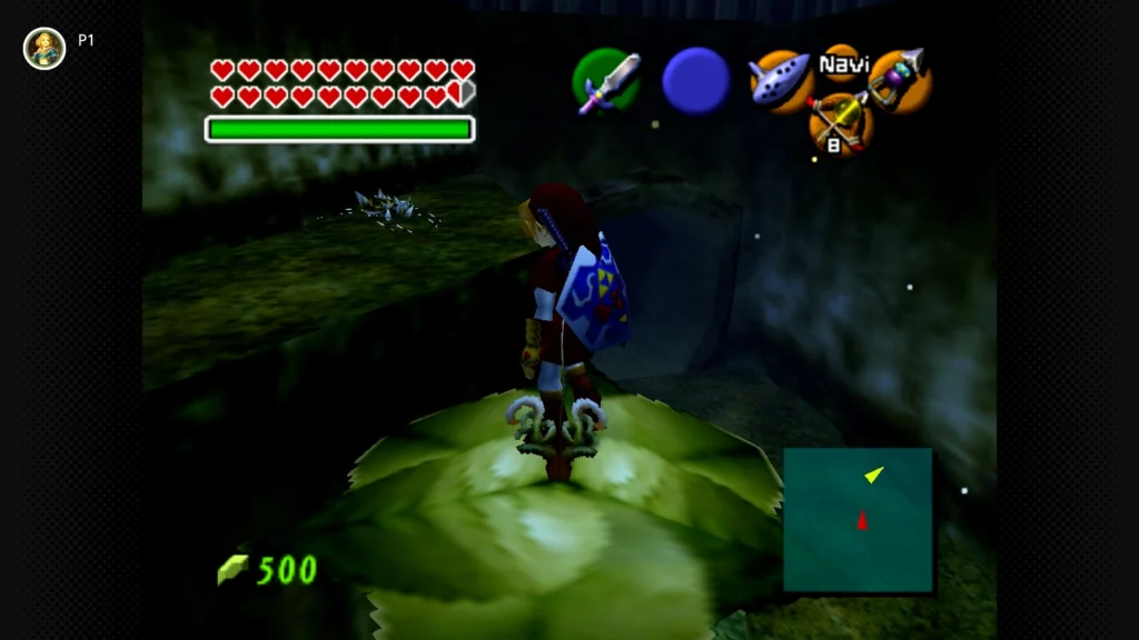 Gold Skulltulas 80 Adult Link riding the floating Magic Bean leaf platform up to a high ledge to collect a Gold Skulltula in the Lost Woods.
