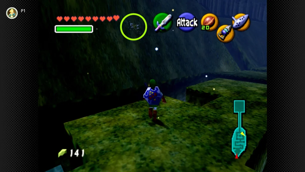 Gold Skulltulas 81 Adult Link using the Hookshot to grab a Gold Skulltula from the high stone wall overlooking the Sacred Forest Meadow maze.