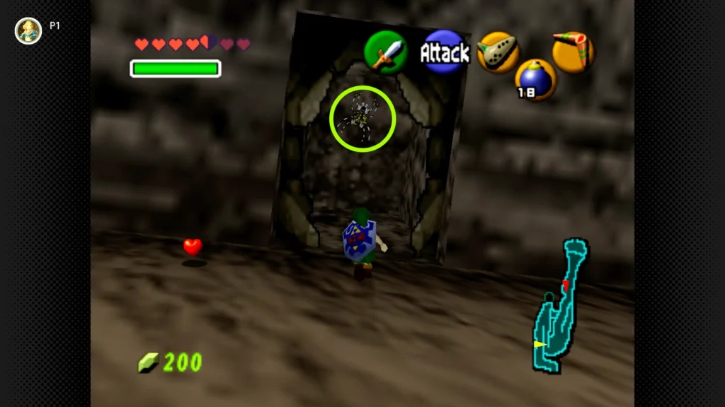 Gold Skulltulas 82 Link using a bomb to blast away a fake rock wall on the Death Mountain Trail to open a secret cavern with a Gold Skulltula.