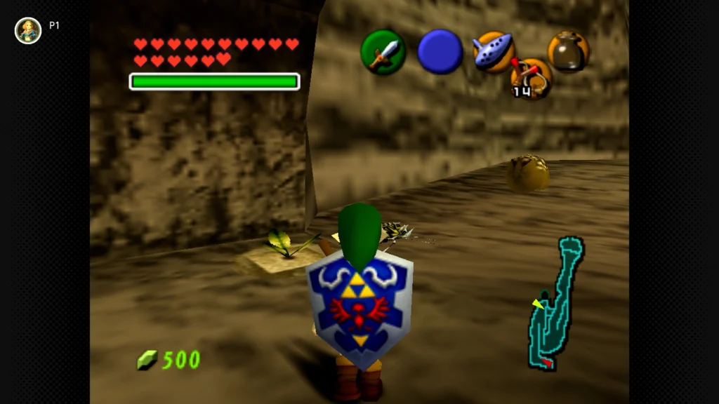 Gold Skulltulas 83 Young Link collecting a Gold Skulltula token from the soft soil patch right next to the entrance of Dodongo's Cavern.