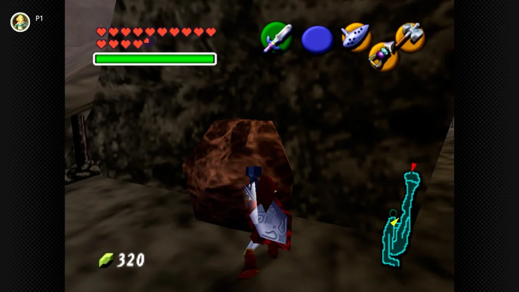 Gold Skulltulas 84 Adult Link shattering a large reddish boulder on the high ledge above Dodongo's Cavern using the Megaton Hammer.