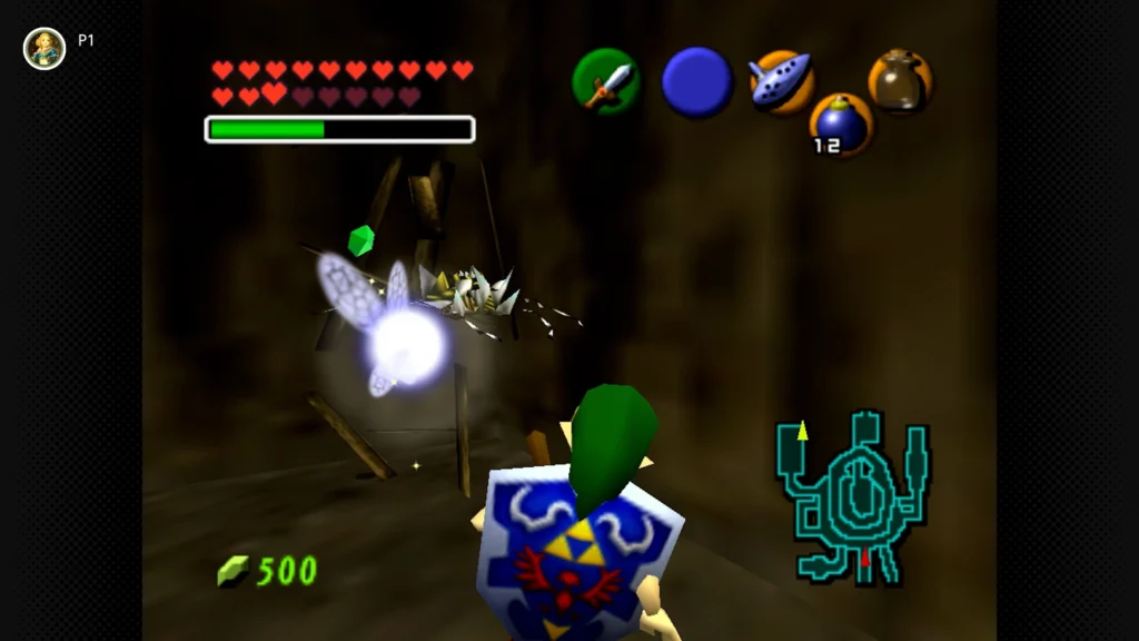 Gold Skulltulas 88 Young Link clearing out a boulder maze with bombs and rolling into a wooden crate to find a Gold Skulltula in Goron City.