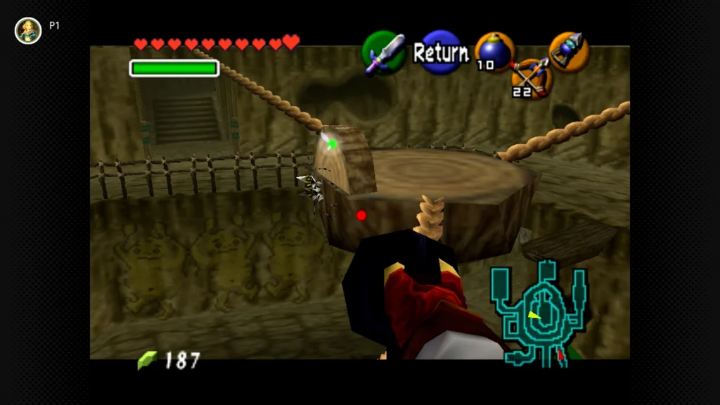 Gold Skulltulas 89 Adult Link looking out from the top platform of Goron City, aiming his Hookshot at a Gold Skulltula on a suspended rock.