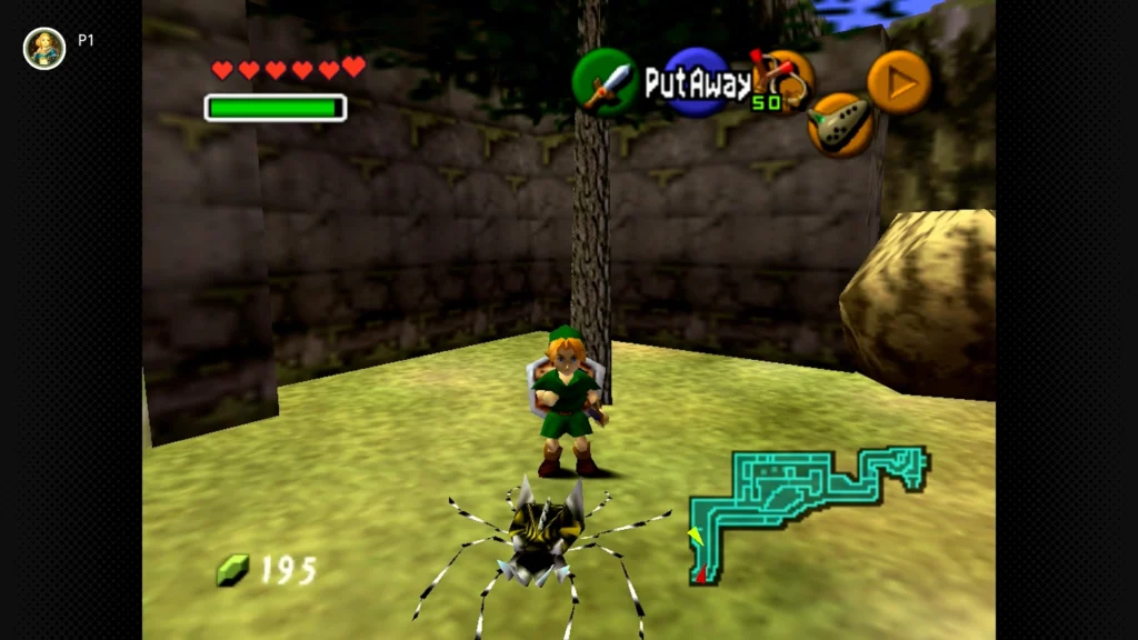 Gold Skulltulas 90 Young Link knocking a Gold Skulltula loose by rolling into the first tree on the Zora's River path at night.