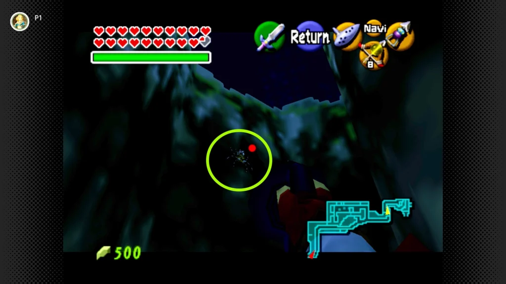 Gold Skulltulas 92 Adult Link using the Longshot on a Gold Skulltula located extremely high on the canyon walls of Zora's River.