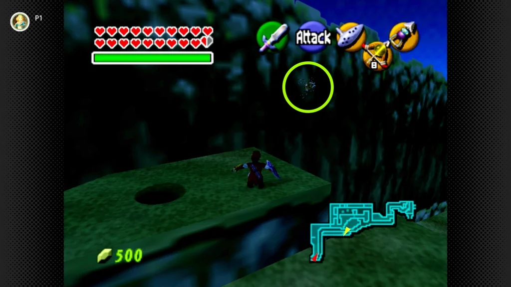 Gold Skulltulas 93 Adult Link jumping from a flying Magic Bean leaf platform onto a high cliff ledge to hook a Gold Skulltula over Zora's River.