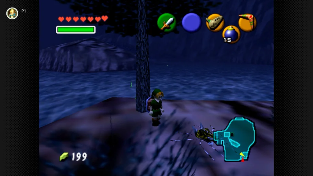 Gold Skulltulas 95 Young Link crashing into a solitary tree on a small island patch in Zora's Fountain at night to drop a Gold Skulltula.