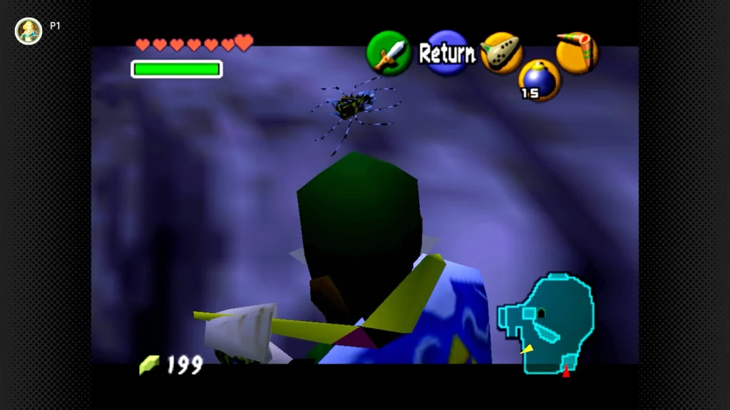 Gold Skulltulas 96 Young Link using the Hookshot to grab a Gold Skulltula token off the stone wall next to a giant floating log in Zora's Fountain.
