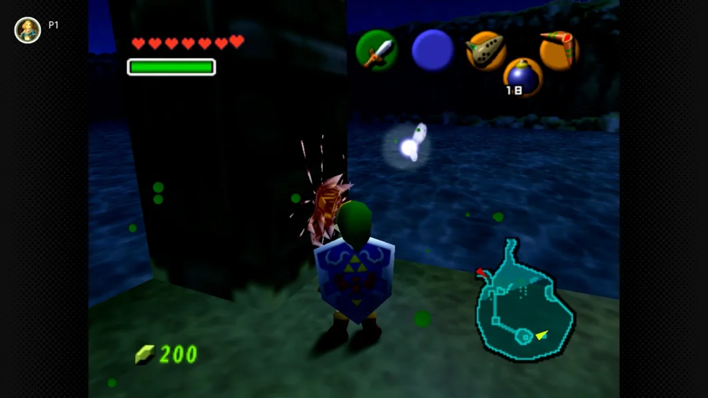 Gold Skulltulas 98 Young Link standing on the Fire Arrow platform island at night, picking off a Gold Skulltula from the stone pillar.