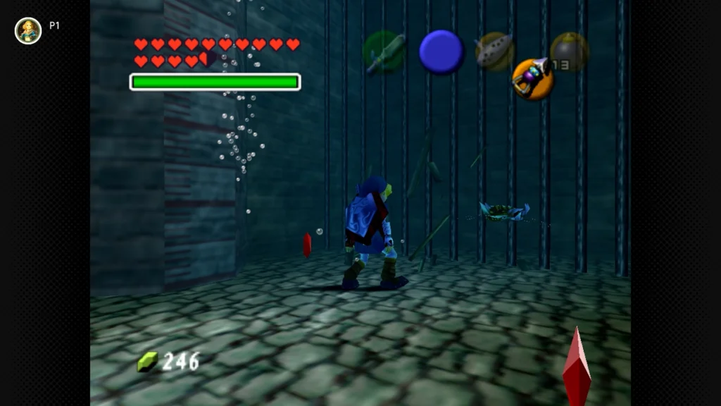 Gold Skulltulas 101 Adult Link wearing Iron Boots at the bottom of the Lakeside Laboratory pool, breaking a crate to reveal a Gold Skulltula.