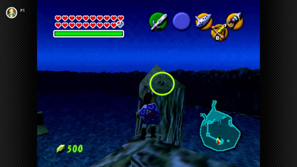 Gold Skulltulas 102 Adult Link standing on a high branch of the dead tree above the Water Temple entrance, retrieving a Gold Skulltula.