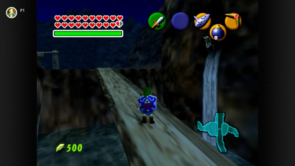 Gold Skulltulas 103 Young Link aiming his Boomerang at a Gold Skulltula clinging to the distant canyon waterfall wall in Gerudo Valley.