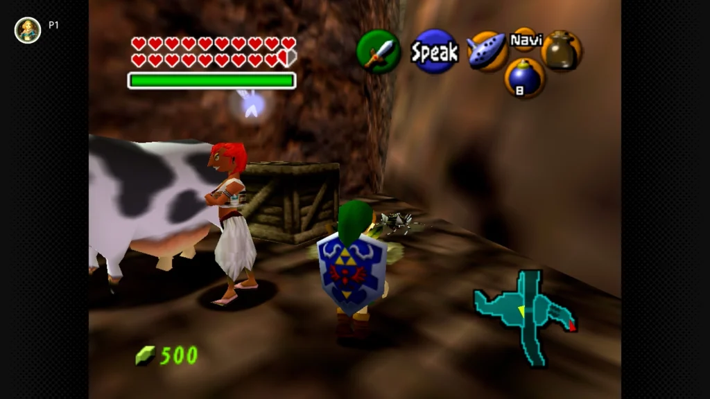 Gold Skulltulas 104 Young Link using a Cucco to glide across the Gerudo Valley canyon to access a soft soil patch on a hidden ledge.