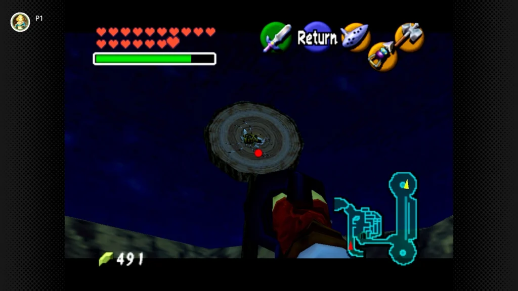 Gold Skulltulas 108 Adult Link riding Epona through the Horseback Archery Range, targeting a Gold Skulltula on the giant wooden bullseye target.