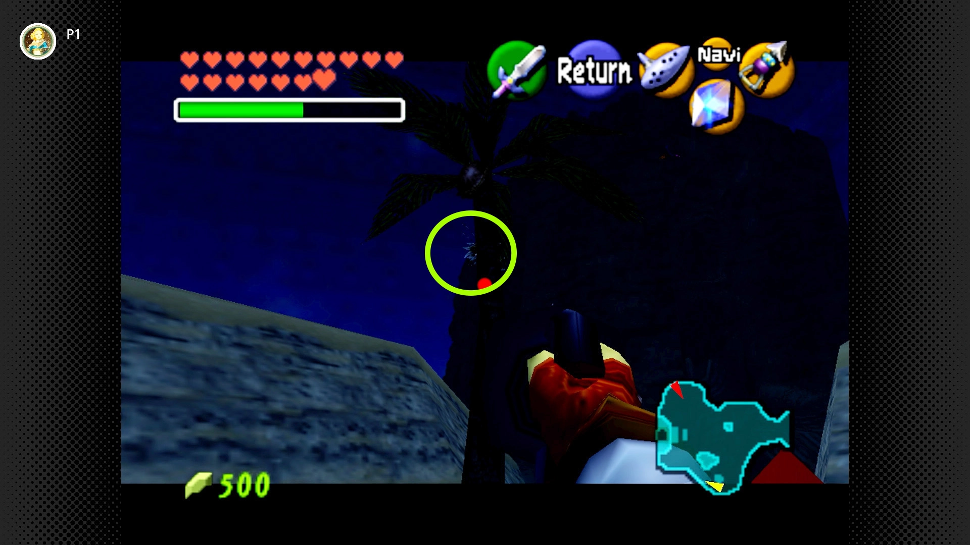 Gold Skulltulas 110 Adult Link using the Hookshot to collect a Gold Skulltula off a palm tree trunk near the dried oasis at the Desert Colossus.
