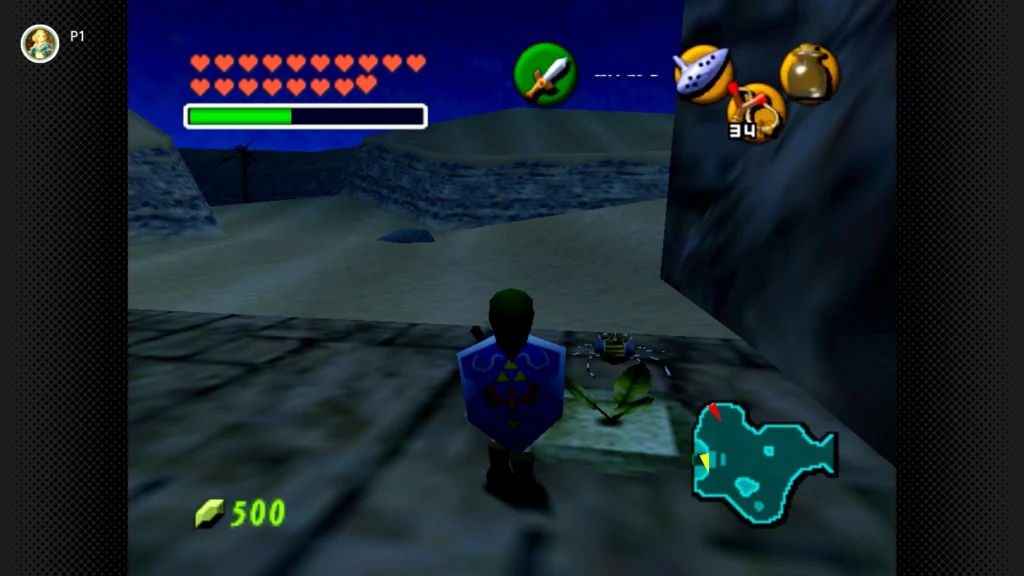 Gold Skulltulas 111 Young Link spawning a Gold Skulltula token from the soft soil layout directly in front of the Spirit Temple entrance.
