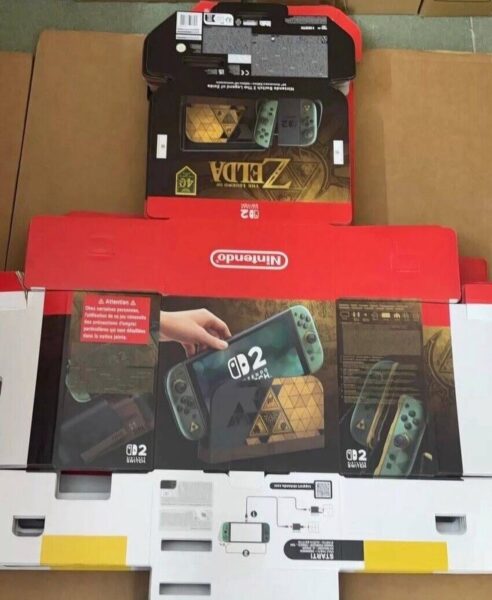 Zelda-Themed Nintendo Switch 2 Console and Pro Controller Appear to Leak in Packaging Photos 2 Leaked Zelda Nintendo Switch 2 retail packaging showing the special-edition console design and green Joy-Con controllers