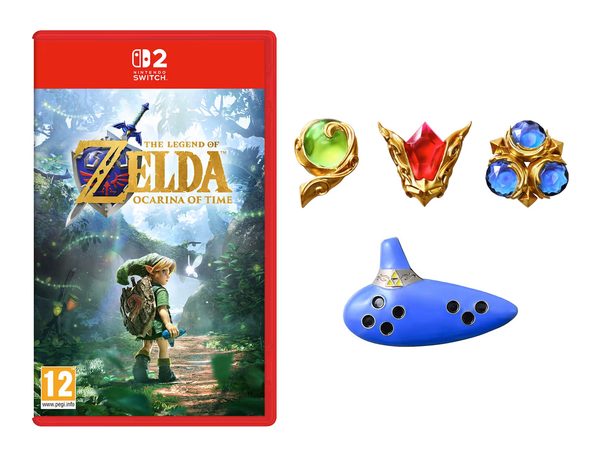 Ocarina of Time Remake Pre-Order Bonuses: Every Regional Exclusive So Far 4 Ocarina of Time Remake pre-order bundle with Nintendo Switch 2 game, three Spiritual Stone replicas, and Ocarina of Time collectible.
