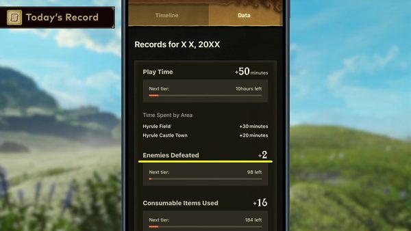 The Legend of Zelda: Ocarina of Time Remake 8 Zelda Notes Today's Record data screen showing play time, areas visited, enemies defeated, and items used in Ocarina of Time Remake