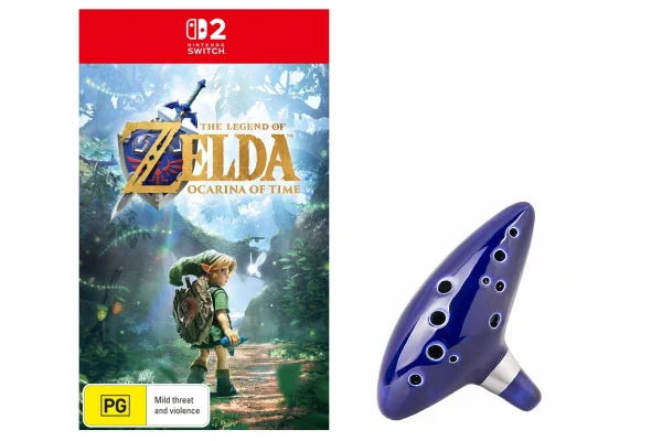 Ocarina of Time Remake Pre-Order Bonuses: Every Regional Exclusive So Far 22 Ocarina of Time Remake Nintendo Switch 2 physical edition shown with a blue ceramic ocarina bundle available in New Zealand.