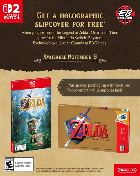 Ocarina of Time Remake Pre-Order Bonuses: Every Regional Exclusive So Far 3 Ocarina of Time Remake EB Games Canada pre-order bonus featuring a holographic Nintendo 64-style slipcover and textured foil packaging.