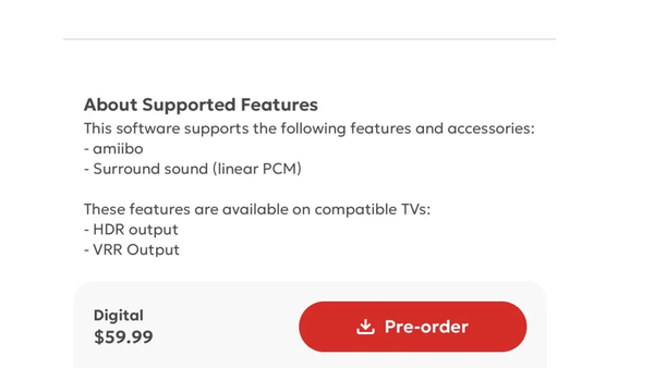 Nintendo listing showing HDR and VRR output support for Ocarina of Time Remake on Switch 2
