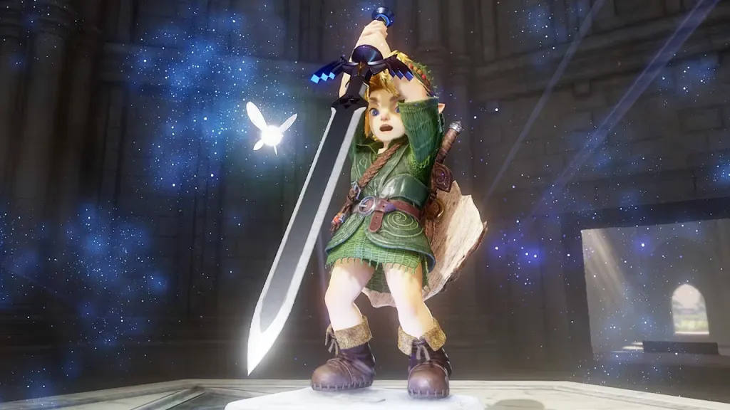 Young Link raising the Master Sword in the Ocarina of Time Remake on Nintendo Switch 2