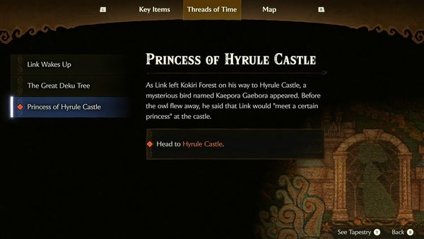 The Legend of Zelda: Ocarina of Time Remake 3 Threads of Time menu in Ocarina of Time Remake showing story progress and the Princess of Hyrule Castle objective