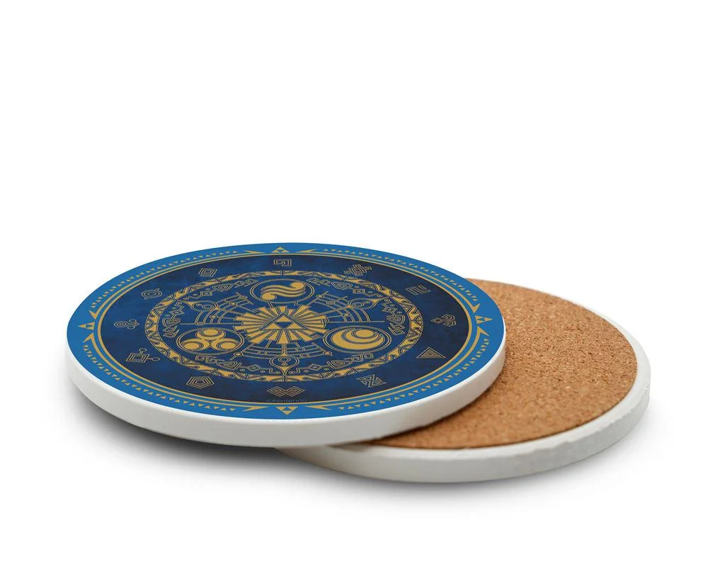 Ocarina of Time Remake Pre-Order Bonuses: Every Regional Exclusive So Far 7 Legend of Zelda themed coaster set featuring a blue and gold Hylian design, offered as an Ocarina of Time Remake pre-order bonus.