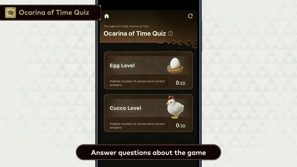 The Legend of Zelda: Ocarina of Time Remake 14 Zelda Notes Ocarina of Time Quiz screen showing Egg Level and Cucco Level trivia challenges
