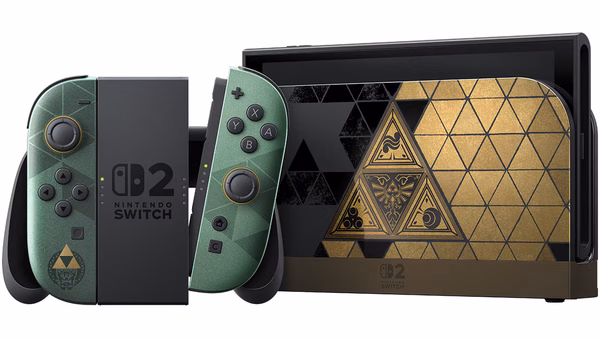 The Legend of Zelda: Ocarina of Time Remake 23 The Legend of Zelda 40th Anniversary Edition Nintendo Switch 2 console with green Joy-Con 2 controllers and gold Triforce dock design
