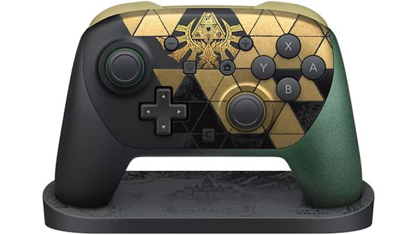 The Legend of Zelda 40th Anniversary: Everything Announced 4 The Legend of Zelda 40th Anniversary Nintendo Switch 2 Pro Controller with gold Triforce design and display stand