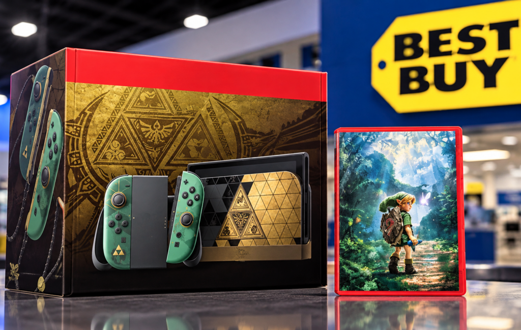 The Legend of Zelda: Ocarina of Time Remake and Zelda Collector's Edition console on display at best buy