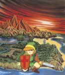 Official artwork picturing Link from The Legend of Zelda (NES) with mountains in teh background. Official artwork picturing Link from The Legend of Zelda (NES) with mountains in teh background.