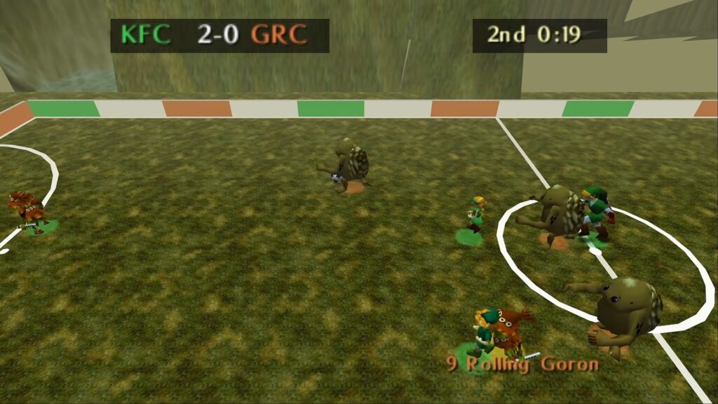 Soccerina of Time Turns Ocarina of Time Into Hyrule’s Strangest Soccer Game 3 Gorons facing Link and Kokiri players on a grassy soccer pitch in Soccerina of Time