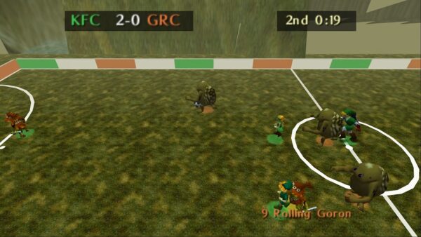 Gorons facing Link and Kokiri players on a grassy soccer pitch in Soccerina of Time