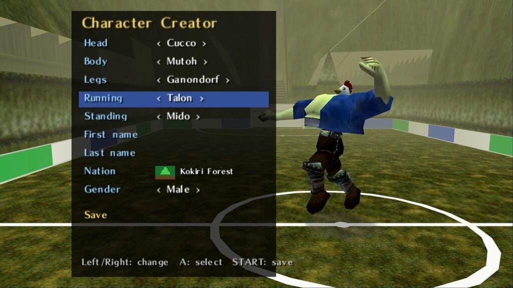 Soccerina of Time Turns Ocarina of Time Into Hyrule’s Strangest Soccer Game 1 Soccerina of Time character creator combining a Cucco head, Mutoh’s body, Ganondorf’s legs, and Talon’s running animation