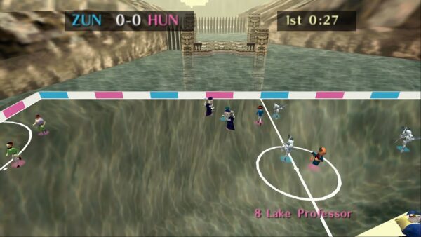 Zora and Hylian characters playing soccer on a water-covered pitch in Soccerina of Time
